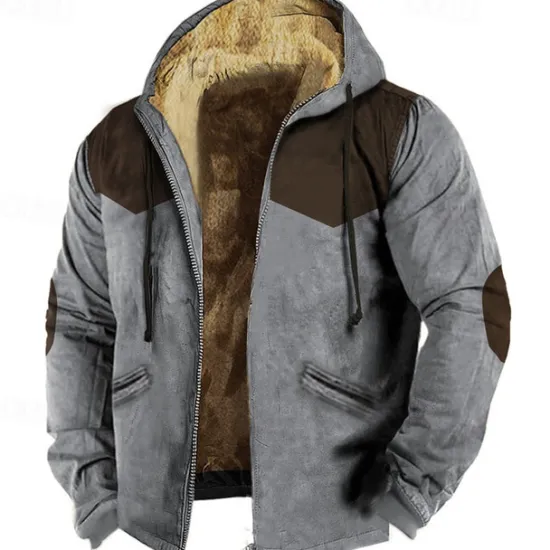 Hot OUKU Men's Full Zip Hoodie Zip Up Hoodie Fuzzy Sherpa Fleece Jacket Fleece Hoodie Blue Brown Green Gray Hooded Graphic Zip Up Zipper Pocket Sports & Outdoor Daily Weekend Polyester Vintage Cool Casual