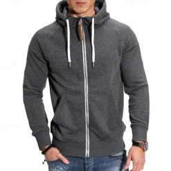 Online OUKU Men's Full Zip Hoodie Zip Up Hoodie Black Navy Blue Light Grey Dark Gray Hooded Plain Zip Up Front Pocket Sports & Outdoor Daily Holiday Polyester Streetwear Basic Casual Spring & Fall Clothing