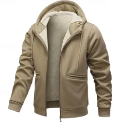 OUKU Men's Full Zip Hoodie Zip Up Hoodie Fuzzy Sherpa Fleece Jacket Fleece Hoodie Yellow Army Green Khaki Dark Gray Hooded Plain Zip Up Zipper Pocket Sports & Outdoor Daily Weekend Polyester Vintage Cool