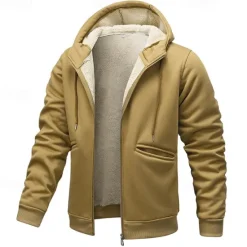 OUKU Men's Full Zip Hoodie Zip Up Hoodie Fuzzy Sherpa Fleece Jacket Fleece Hoodie Yellow Army Green Khaki Dark Gray Hooded Plain Zip Up Zipper Pocket Sports & Outdoor Daily Weekend Polyester Vintage Cool