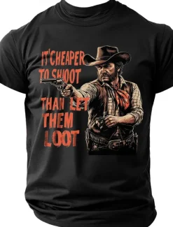 Best OUKU Men's Funny Cowboy Letter Print T Shirt Tee Top 100% Cotton Short Sleeve Graphic Shirt Comfortable Tee Street Sports Outdoor Fashion Designer Clothing Black