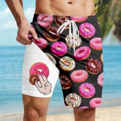 Clearance OUKU Men's Funny Donuts Lined Shorts 2 in 1 Board Shorts Swim Shorts Mid Waist Hawaiian Vacation Holiday Beach Wear Side Pockets With Compression Liner Elastic Drawstring Waist Designer Clothing Apparel