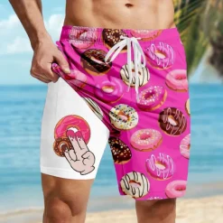 Clearance OUKU Men's Funny Donuts Lined Shorts 2 in 1 Board Shorts Swim Shorts Mid Waist Hawaiian Vacation Holiday Beach Wear Side Pockets With Compression Liner Elastic Drawstring Waist Designer Clothing Apparel