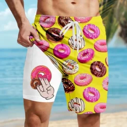 Clearance OUKU Men's Funny Donuts Lined Shorts 2 in 1 Board Shorts Swim Shorts Mid Waist Hawaiian Vacation Holiday Beach Wear Side Pockets With Compression Liner Elastic Drawstring Waist Designer Clothing Apparel