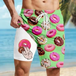Clearance OUKU Men's Funny Donuts Lined Shorts 2 in 1 Board Shorts Swim Shorts Mid Waist Hawaiian Vacation Holiday Beach Wear Side Pockets With Compression Liner Elastic Drawstring Waist Designer Clothing Apparel