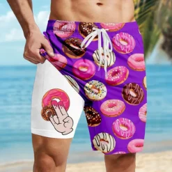 Clearance OUKU Men's Funny Donuts Lined Shorts 2 in 1 Board Shorts Swim Shorts Mid Waist Hawaiian Vacation Holiday Beach Wear Side Pockets With Compression Liner Elastic Drawstring Waist Designer Clothing Apparel