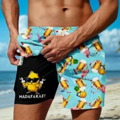 Clearance OUKU Men's Funny Oktoberfest Beer Duck Lined Shorts 2 in 1 Board Shorts Swim Shorts Mid Waist Hawaiian Holiday Beach Wear Side Pockets With Compression Liner Elastic Drawstring Waist Designer Clothing Blue