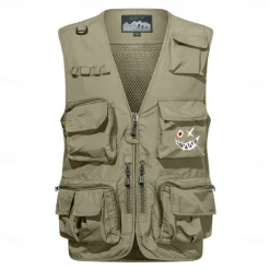 Online OUKU Men's Funny Smile Face Grimace Vest Waistcoat Gilet Tactical Practical Removable Casual Sports Outdoor Fishing Photography Mesh Side Pockets Quick Dry Fall Winter Collarless Sleeveless khaki Army