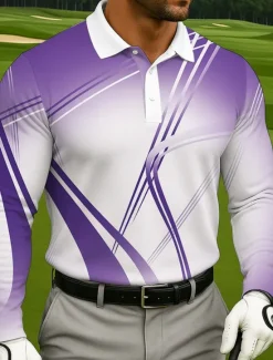 OUKU Men's Geometic Golf Polo Long Sleeve Polo Shirts Lapel Casual Athleisure Daily Wear 3D Print Buttons Spring Fall Winter Blue Purple Green