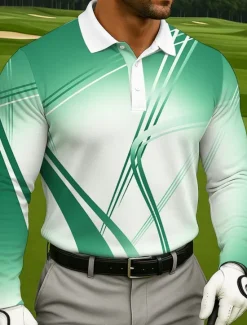 OUKU Men's Geometic Golf Polo Long Sleeve Polo Shirts Lapel Casual Athleisure Daily Wear 3D Print Buttons Spring Fall Winter Blue Purple Green