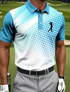 Clearance OUKU Men's Geometic Golf Sports Polo Shirts Short Sleeve Polo Shirts Collared Shirts Sportswear Athleisure Buttons Summer Blue Sky Blue Green
