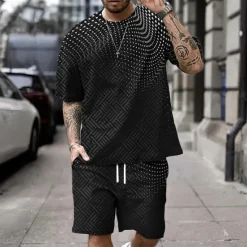 Best OUKU Men's Geometic Graphic Prints 2pcs Tees sets Matching Sets Short Sleeve Short Pants Crew Neck Sport Designer Casual Outdoor Vacation Daily Spring & Summer Black Green Dark Blue