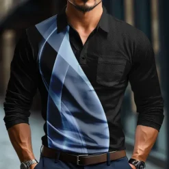Outlet OUKU Men's Geometic Line Polo Long Sleeve Polo Shirts Collared Shirts Business Casual Business Athleisure Daily Wear Buttons 3D Print Spring Fall Winter Lake blue White Blue