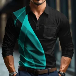 Outlet OUKU Men's Geometic Line Polo Long Sleeve Polo Shirts Collared Shirts Business Casual Business Athleisure Daily Wear Buttons 3D Print Spring Fall Winter Lake blue White Blue