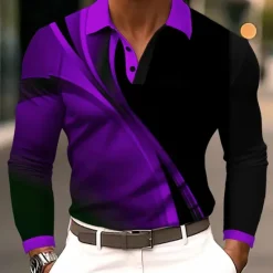 New OUKU Men's Geometic Line Polo Long Sleeve Polo Shirts Lapel Business Casual Athleisure Daily Wear 3D Print Buttons Spring Fall Winter Blue Purple Orange
