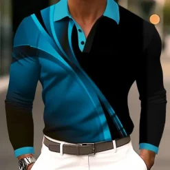 New OUKU Men's Geometic Line Polo Long Sleeve Polo Shirts Lapel Business Casual Athleisure Daily Wear 3D Print Buttons Spring Fall Winter Blue Purple Orange