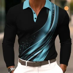 Sale OUKU Men's Geometic Line Polo Long Sleeve Polo Shirts Lapel Business Casual Athleisure Daily Wear 3D Print Buttons Spring Fall Winter Blue Purple Brown