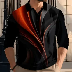 Hot OUKU Men's Geometic Line Polo Long Sleeve Polo Shirts Lapel Casual Athleisure Daily Wear 3D Print Buttons Spring Fall Winter Red Blue Green