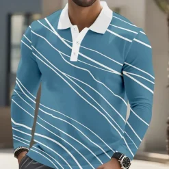 Hot OUKU Men's Geometic Line Polo Long Sleeve Polo Shirts Lapel Business Casual Athleisure Daily Wear 3D Print Buttons Spring Fall Winter Blue Green Light Blue