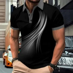 New OUKU Men's Geometic Line Polo Short Sleeve Polo Shirts Collared Shirts Business Casual Outdoor Athleisure Daily Wear 3D Print Summer Red Blue Purple