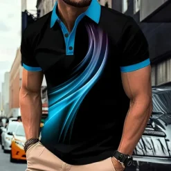 New OUKU Men's Geometic Line Polo Short Sleeve Polo Shirts Collared Shirts Business Casual Outdoor Athleisure Daily Wear 3D Print Summer Red Blue Purple
