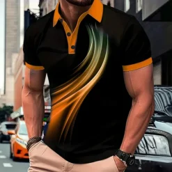 New OUKU Men's Geometic Line Polo Short Sleeve Polo Shirts Collared Shirts Business Casual Outdoor Athleisure Daily Wear 3D Print Summer Red Blue Purple
