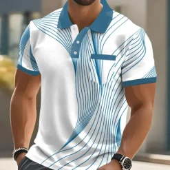 OUKU Men's Geometic Line Polo Short Sleeve Polo Shirts Collared Shirts Business Casual Outdoor Athleisure Daily Wear 3D Print Buttons Summer Black Red Blue