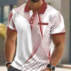 OUKU Men's Geometic Line Polo Short Sleeve Polo Shirts Collared Shirts Business Casual Outdoor Athleisure Daily Wear 3D Print Buttons Summer Black Red Blue