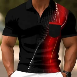Online OUKU Men's Geometic Line Polo Short Sleeve Polo Shirts Collared Shirts Business Casual Outdoor Athleisure Daily Wear 3D Print Buttons Summer Red Blue Green
