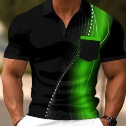 Online OUKU Men's Geometic Line Polo Short Sleeve Polo Shirts Collared Shirts Business Casual Outdoor Athleisure Daily Wear 3D Print Buttons Summer Red Blue Green