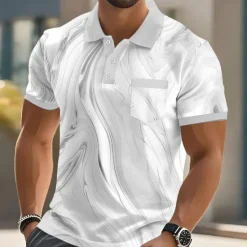New OUKU Men's Geometic Line Polo Short Sleeve Polo Shirts Collared Shirts Business Casual Outdoor Athleisure Daily Wear Pocket 3D Print Buttons Summer Pink Blue Gold