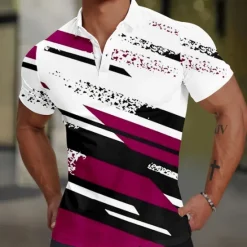Hot OUKU Men's Geometic Line Polo Short Sleeve Polo Shirts Collared Shirts Casual Business Casual School Outdoor Sports Daily Wear 3D Print Summer Black Red Blue