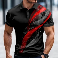 Outlet OUKU Men's Geometic Line Polo Short Sleeve Polo Shirts Collared Shirts Casual Business Athleisure Daily Wear Buttons 3D Print Summer Spring Fall Red Blue Purple