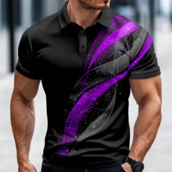 Outlet OUKU Men's Geometic Line Polo Short Sleeve Polo Shirts Collared Shirts Casual Business Athleisure Daily Wear Buttons 3D Print Summer Spring Fall Red Blue Purple