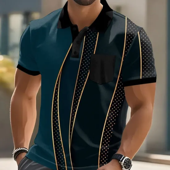 Discount OUKU Men's Geometic Line Polo Short Sleeve Polo Shirts Collared Shirts Business Casual Outdoor Athleisure Daily Wear Buttons Pocket 3D Print Summer Dark Brown Dark Green Dark Blue
