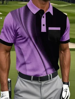 Outlet OUKU Men's Geometic Line Polo Short Sleeve Polo Shirts Collared Shirts Business Casual Athleisure Daily Wear Pocket 3D Print Buttons Summer White Blue Purple