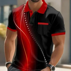 Hot OUKU Men's Geometic Line Polo Short Sleeve Polo Shirts Collared Shirts Business Casual Outdoor Athleisure Daily Wear Pocket 3D Print Buttons Summer Lake blue Red Blue