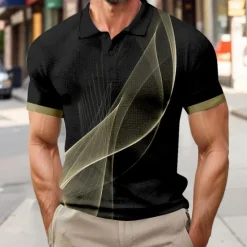 Outlet OUKU Men's Geometic Line Waffle Polo Shirts Short Sleeve Polo Shirts Collared Shirts Business Casual Athleisure Daily Wear Buttons 3D Print Summer Yellow Blue Purple