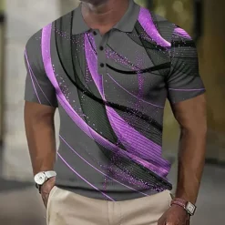 Hot OUKU Men's Geometic Line Waffle Polo Shirts Short Sleeve Polo Shirts Collared Shirts Business Casual Outdoor Street Dailywear Athleisure Buttons 3D Print Summer Blue Purple Orange