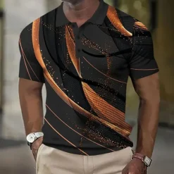 Hot OUKU Men's Geometic Line Waffle Polo Shirts Short Sleeve Polo Shirts Collared Shirts Business Casual Outdoor Street Dailywear Athleisure Buttons 3D Print Summer Blue Purple Orange