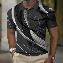 Hot OUKU Men's Geometic Line Waffle Polo Shirts Short Sleeve Polo Shirts Collared Shirts Business Casual Outdoor Street Dailywear Athleisure Buttons 3D Print Summer Blue Purple Orange