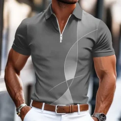 New OUKU Men's Geometic Line Zip Polo Shirts Short Sleeve Polo Shirts Collared Shirts Business Casual Business Athleisure Wear to work Daily Wear 3D Print Summer Black Blue Gray
