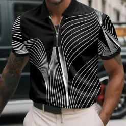 Online OUKU Men's Geometic Line Zip Polo Shirts Short Sleeve Polo Shirts Collared Shirts Business Casual Business Athleisure Wear to work Daily Wear 3D Print Summer Black White