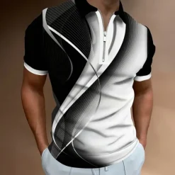 Hot OUKU Men's Geometic Line Zip Polo Short Sleeve Turndown Casual Daily Outdoor Dailywear Athleisure Zipper Summer White Blue Green