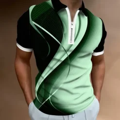 Hot OUKU Men's Geometic Line Zip Polo Short Sleeve Turndown Casual Daily Outdoor Dailywear Athleisure Zipper Summer White Blue Green