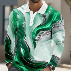 Sale OUKU Men's Geometic Marble Polo Long Sleeve Polo Shirts Lapel Casual Athleisure Daily Wear 3D Print Buttons Spring Fall Winter Blue Purple Green