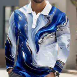 Sale OUKU Men's Geometic Marble Polo Long Sleeve Polo Shirts Lapel Casual Athleisure Daily Wear 3D Print Buttons Spring Fall Winter Blue Purple Green