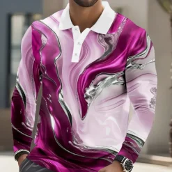 Sale OUKU Men's Geometic Marble Polo Long Sleeve Polo Shirts Lapel Casual Athleisure Daily Wear 3D Print Buttons Spring Fall Winter Blue Purple Green