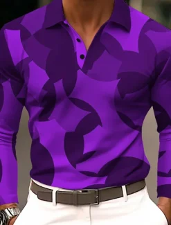 OUKU Men's Geometic Polo Long Sleeve Polo Shirts Lapel Casual Athleisure Daily Wear 3D Print Buttons Spring Fall Winter Blue Purple Orange