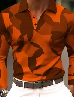 OUKU Men's Geometic Polo Long Sleeve Polo Shirts Lapel Casual Athleisure Daily Wear 3D Print Buttons Spring Fall Winter Blue Purple Orange